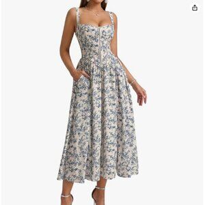 KUTUMAI Floral Corset Midi Dress Flowy Sundress with Pockets - XL